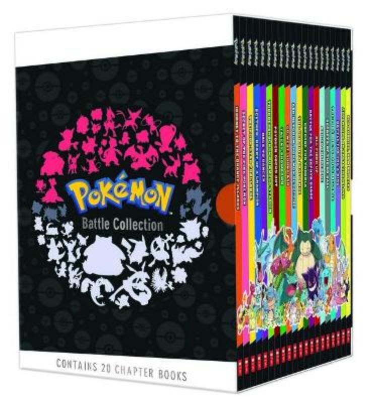 Pokémon Battle Collection box set featuring 20 adventure books with Ash and Pikachu exploring Johto and Alola regions.