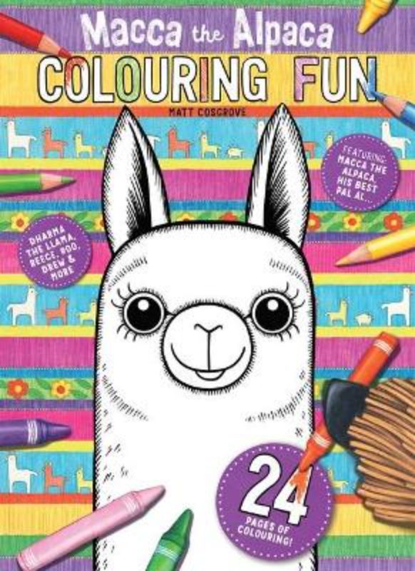 Coloring book featuring Macca the Alpaca and friends, with 24 vibrant pages for creative young artists.