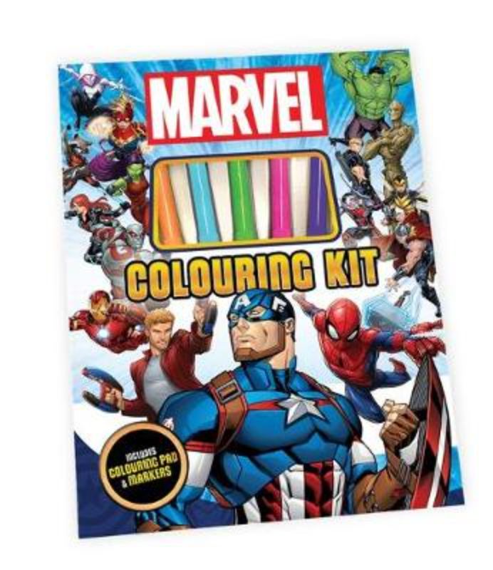 Marvel Colouring Kit featuring Spider-Man, Iron Man, and Hulk, designed for kids to unleash creativity with 48 pages of fun.