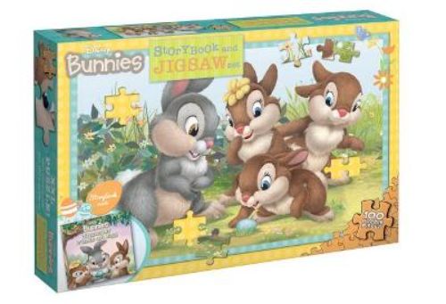 Disney Bunnies Storybook and Jigsaw Set featuring 'Thumper Finds an Egg' with 24 pages and a 100-piece puzzle for kids.