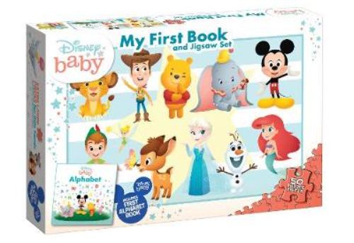 Disney Baby book and jigsaw set featuring characters like Mickey and Woody, perfect for preschoolers' learning and play.
