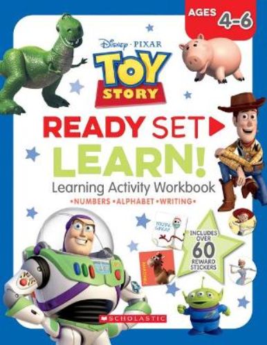 Colorful activity workbook featuring Toy Story characters for children aged 4-6, with fun learning exercises and reward stickers.