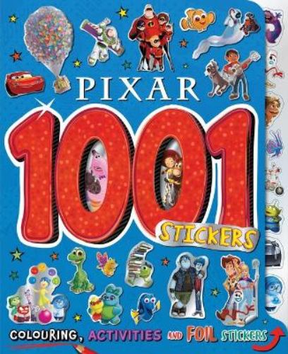 A colorful sticker book featuring 1001 Pixar stickers including characters like Woody and Sulley, ideal for creative activities.