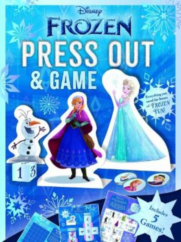 Activity book featuring Frozen characters, with 5 board-game style games and colorful press-out pieces for family fun.