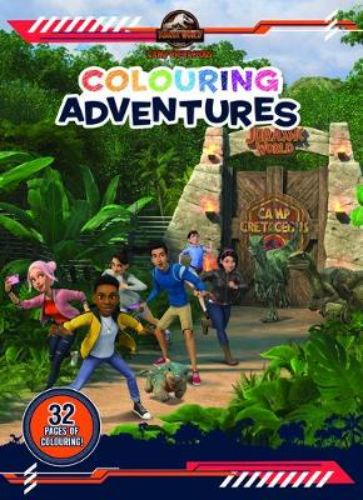 Coloring book featuring characters and dinosaurs from Jurassic World Camp Cretaceous for kids' creative fun.