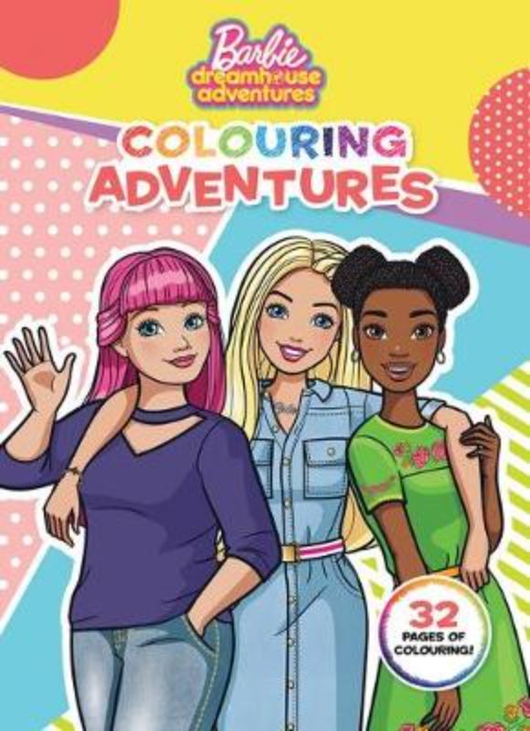 Colouring book featuring Barbie and friends with 32 fun line art pages for creative young artists.