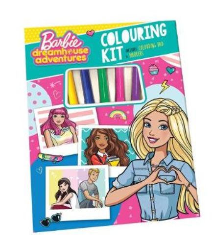 Colouring kit featuring Barbie and friends with 24 pages of illustrations and 5 vibrant markers for creative fun.