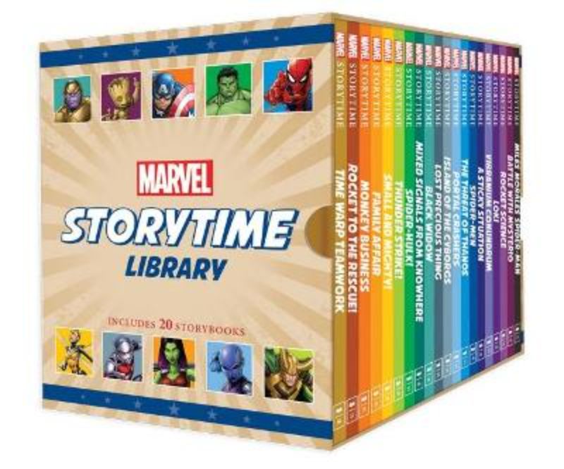 Marvel Storytime Library: 20 hardback books featuring iconic superheroes for toddlers, perfect for bedtime adventures.