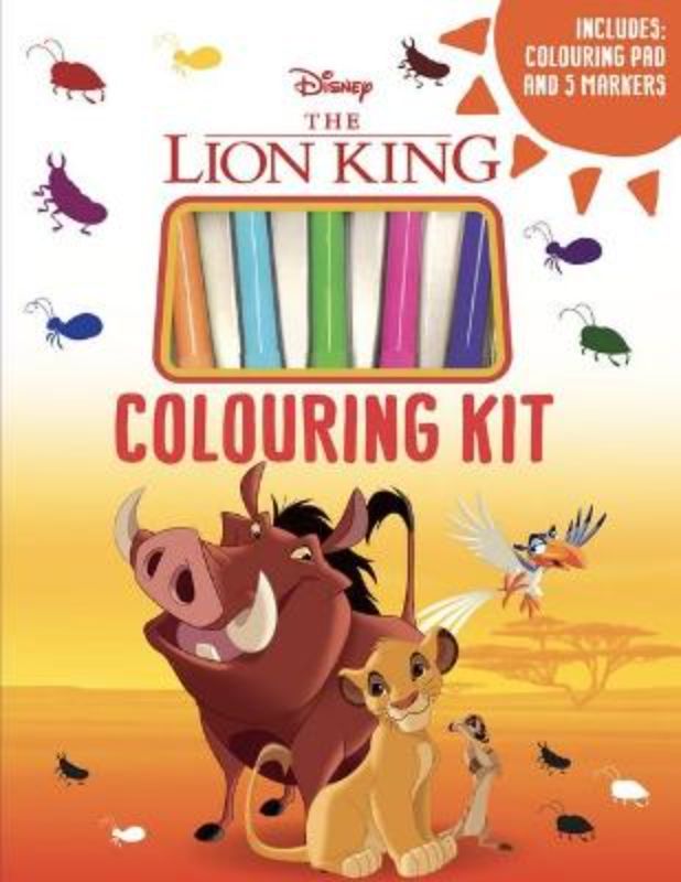 Coloring kit featuring Lion King characters, includes 48-page pad and 5 colorful markers for creative fun.