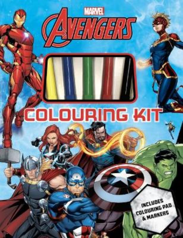 Vibrant Avengers colouring kit featuring Spider-Man, Iron Man, Hulk, Black Widow, and Captain America for creative fun.