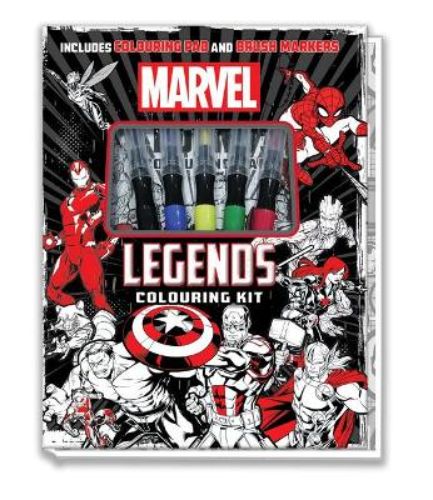 Marvel Adult Colouring Kit featuring 24 pages of intricate superhero designs and 5 brush markers for creative fun.