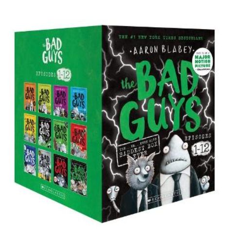 Collection of the first 12 books in The Bad Guys series by Aaron Blabey, featuring adventure and humor for kids.