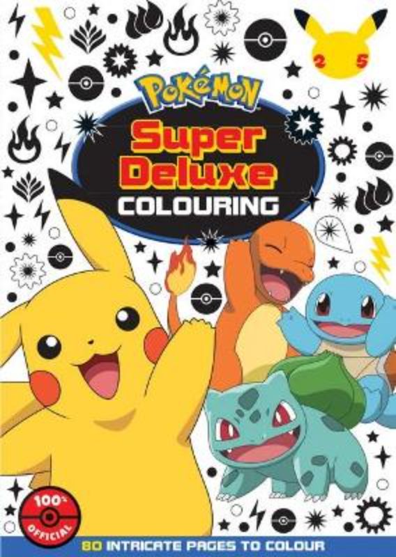 Adult coloring book featuring intricate Pokémon designs, including Pikachu and Eevee, celebrating 25 years of nostalgia.