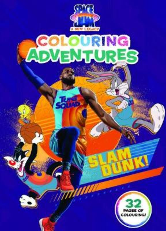 Colouring Adventures activity book featuring Space Jam characters LeBron James and Bugs Bunny for creative fun.
