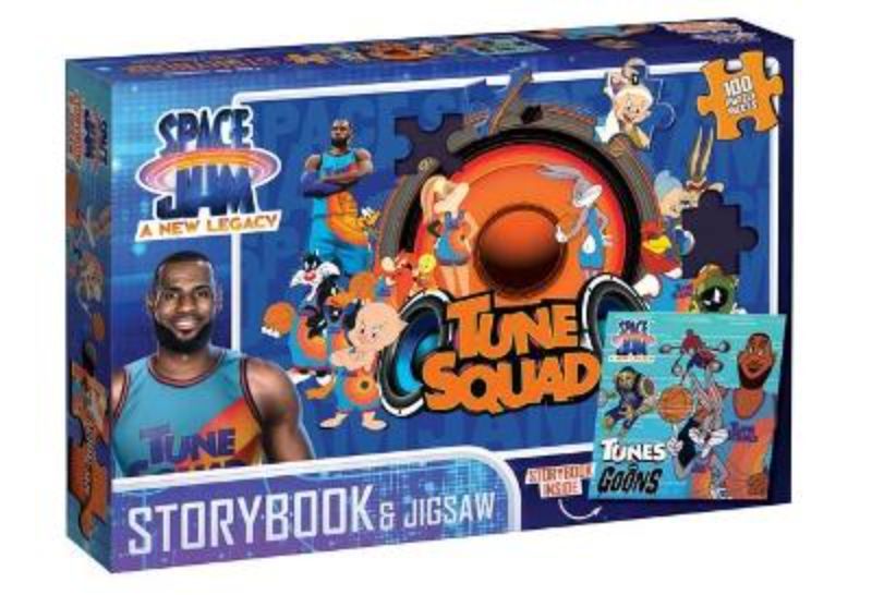 Space Jam: A New Legacy boxed set featuring a storybook and jigsaw puzzle for kids, promoting fun and cognitive skills.