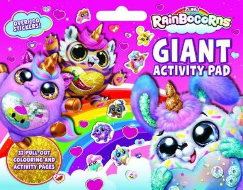 Vibrant Giant Activity Pad featuring Rainbocorns characters, 32 pages of activities, and over 100 glossy stickers.