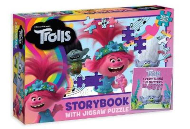 Whimsical Trolls storybook and 100-piece jigsaw puzzle set featuring Poppy, Branch, and Guy Diamond for interactive play.