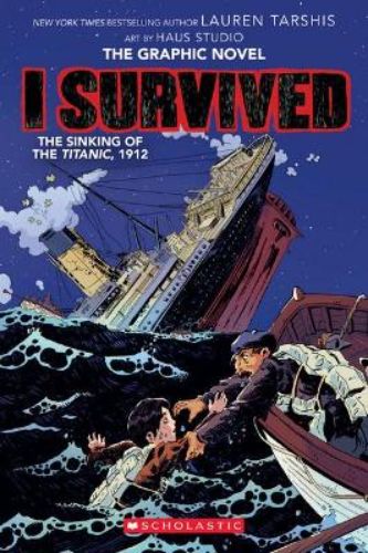 Graphic novel cover of I Survived the Sinking of the Titanic, featuring George and Phoebe amidst the Titanic disaster.