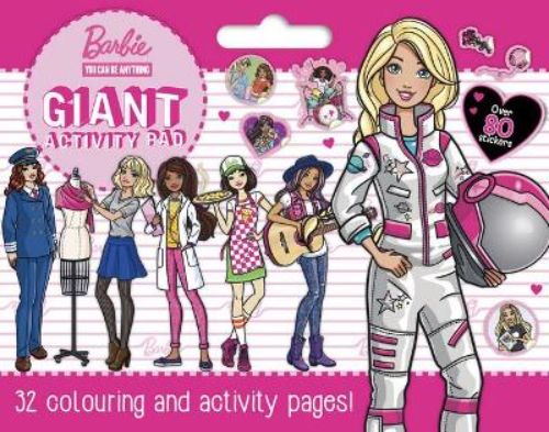 Giant activity pad featuring Barbie with diverse careers, fun games, coloring pages, and removable pages for shared creativity.