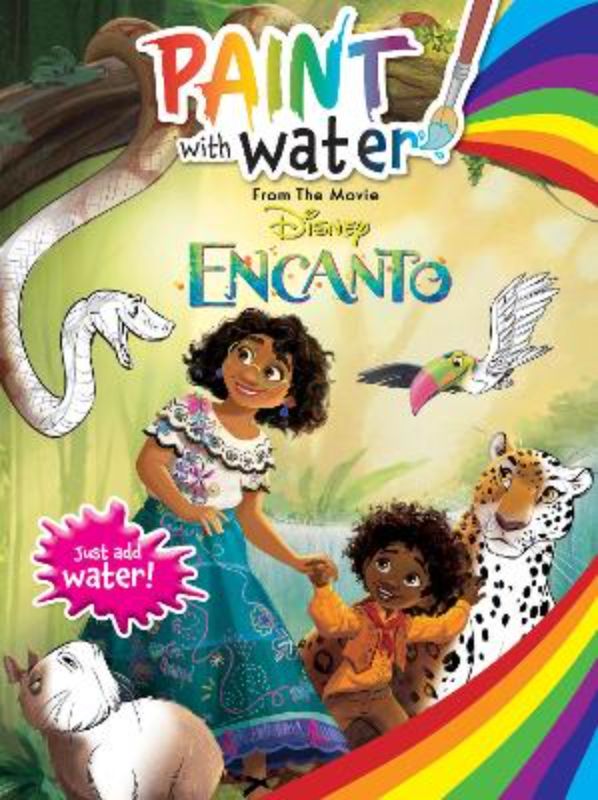 Interactive paint with water book featuring Disney Encanto characters, including built-in palette for kids' creativity.