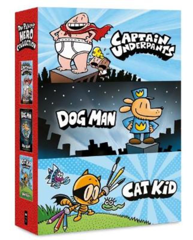 Boxed set of Dav Pilkey's Hero Collection featuring Captain Underpants, Dog Man, and Cat Kid Comic Club for young readers.