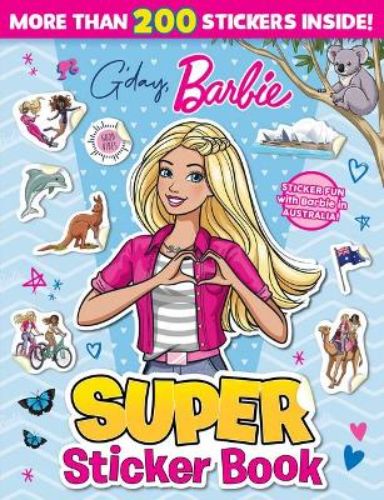 Children's sticker book featuring Barbie's Australian adventure with creative activities and vibrant illustrations.