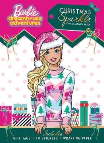 Festive Barbie Dreamhouse sticker activity book with 64 pages of crafts, coloring, and Christmas-themed stickers.