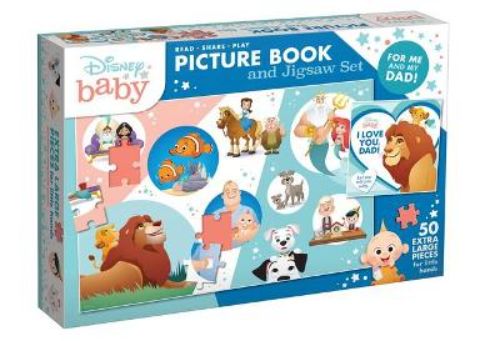 Disney Baby Picture Book and Jigsaw Set for toddlers, featuring Pixar dads, with a vibrant 24-page book and a fun jigsaw puzzle.