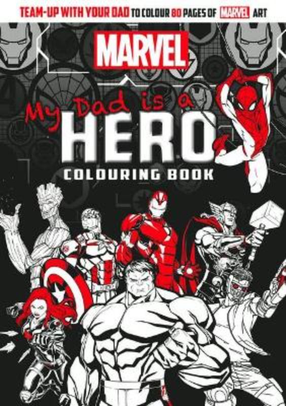 Adult colouring book featuring iconic Marvel heroes, perfect for bonding and creativity with dad.