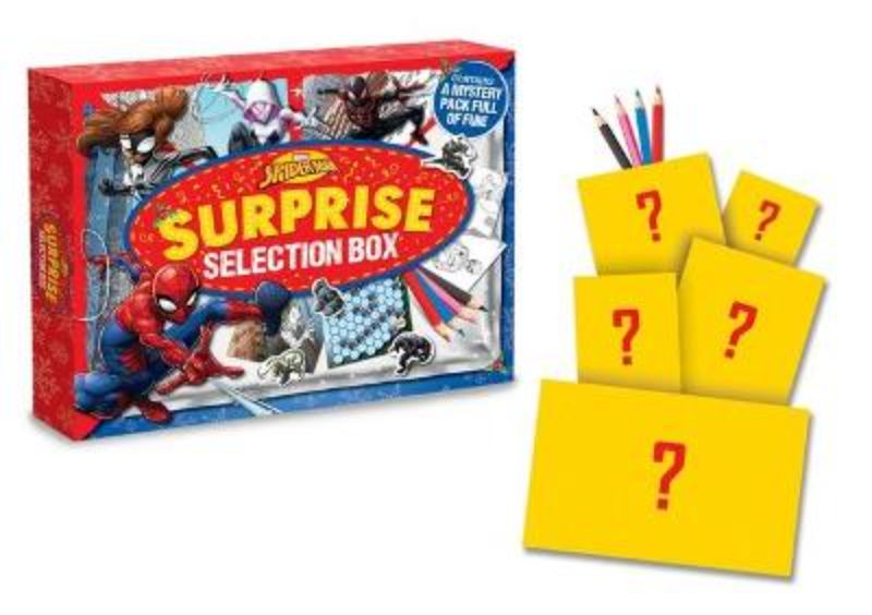 A colorful Spider-Man Surprise Selection Box featuring activity books, stickers, and creative fun for young fans.