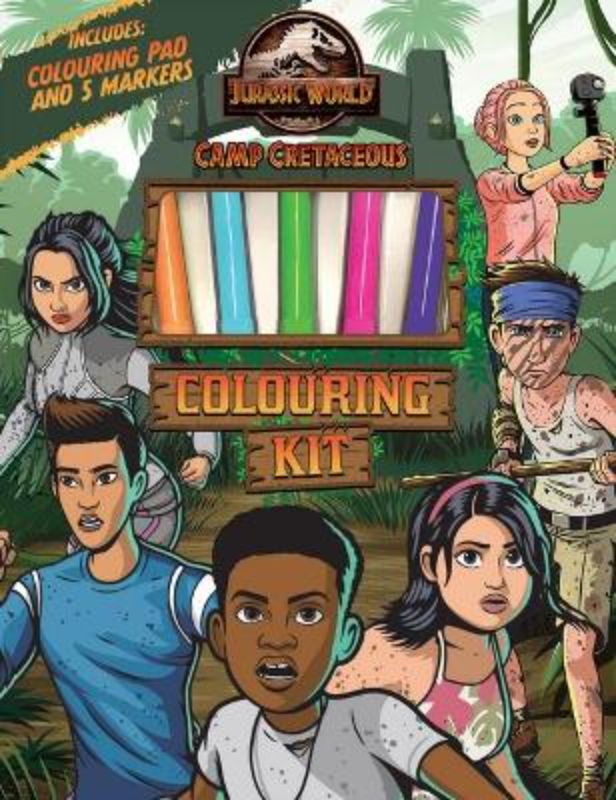 Colouring kit featuring Jurassic World Camp Cretaceous characters with 48 pages and 5 markers for creative adventures.