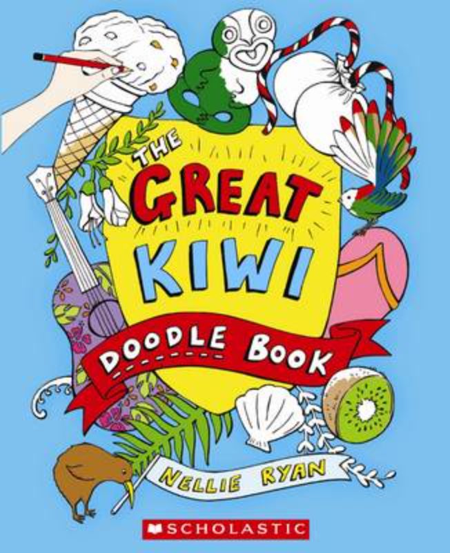 A colorful doodle book for children featuring iconic New Zealand symbols and engaging illustrations to inspire creativity.