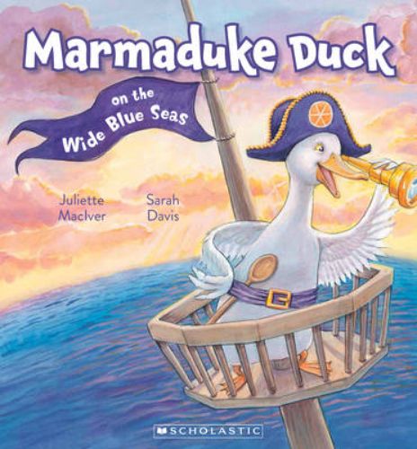 Illustrated cover of 'Marmaduke Duck on the Wide Blue Seas' featuring a brave duck adventuring on a vibrant ocean.