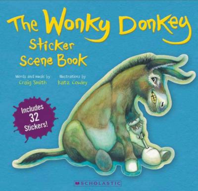 Interactive sticker book for young children featuring Wonky Donkey scenes and 32 reusable stickers for creative storytelling.