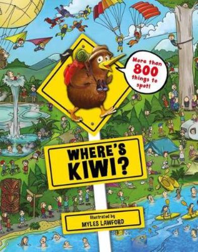Hardcover book 'Where's Kiwi?' features vibrant scenes of New Zealand with characters seeking hidden treasures.