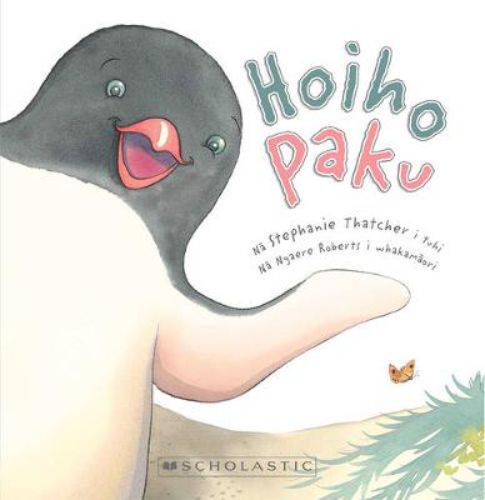 Cover of 'Hoiho Paku', featuring an illustrated penguin and colorful birds, promoting self-acceptance and individuality.