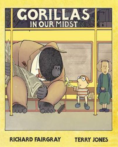 Hardcover children's book 'Gorillas in Our Midst' exploring gorillas' disguises and various professions.