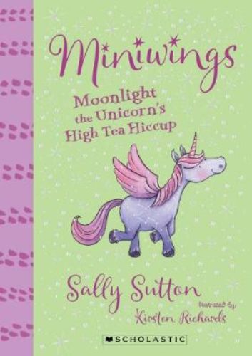 Charming paperback with whimsy, featuring unicorns at a high tea with mischievous flying horses for kids aged 5-10.