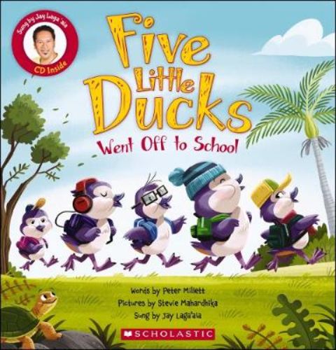 A vibrant children's book cover showing five playful ducks heading to school, perfect for back-to-school fun and learning.