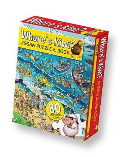 80-piece Where's Kiwi jigsaw puzzle and book set for fun, cognitive skills, and observational challenges for all ages.