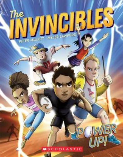 Cover of 'The Invincibles #1: Power Up!' featuring kids in superhero poses, lightning effects, and a footy field backdrop.