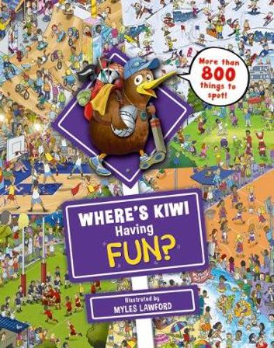 Kiwi enjoying various sports activities, encouraging kids to spot him and his friends in vibrant, illustrated scenes.