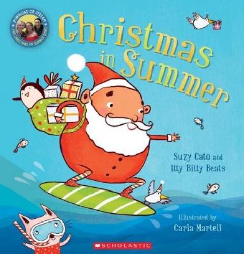 Children's book 'Christmas in Summer' featuring Santa at the beach, vibrant illustrations, and catchy songs for festive fun.