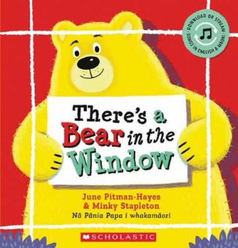 Bilingual children's book featuring a whimsical bear peering through a window, celebrating imagination and cultural appreciation.