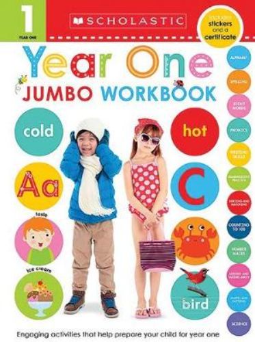 Colorful Year One Jumbo Workbook for first graders, filled with engaging activities to enhance literacy and numeracy skills.