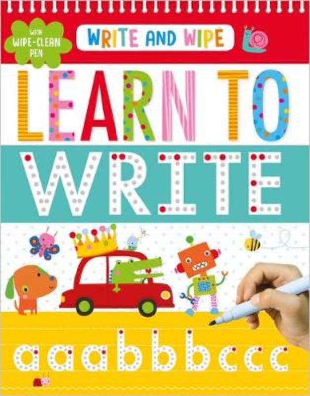 Interactive wipe-clean book for preschoolers to practice writing letters, numbers, and words with a reusable pen.