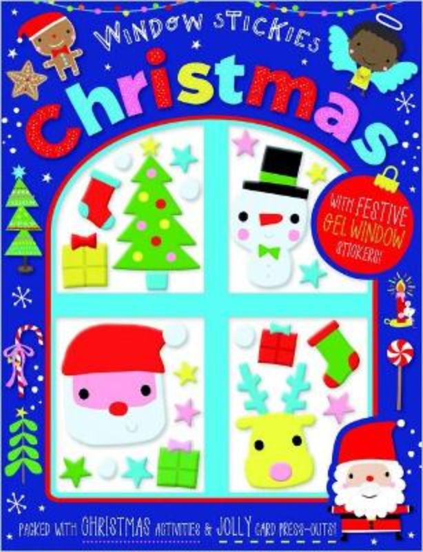 Festive Christmas window stickies featuring Santa, snowflakes; perfect for joyful holiday decorating and family fun.