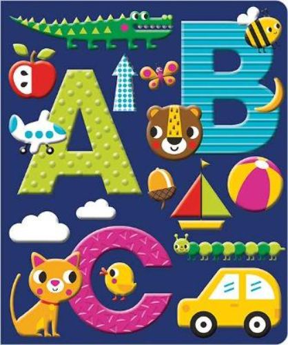 Colorful ABC board book with interactive pages and a soft silicone cover, designed for toddlers' early literacy skills.