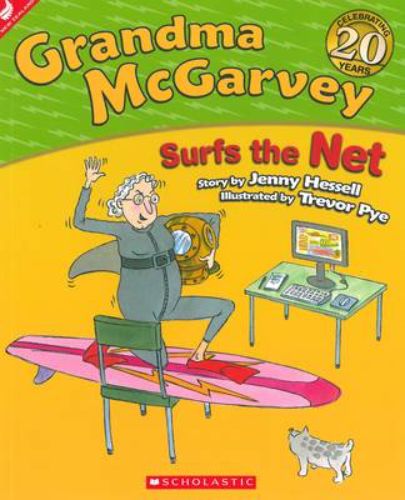 Cover of 'Grandma McGarvey Surfs the Net', a humorous children's book about Grandma's adventure in the digital world.