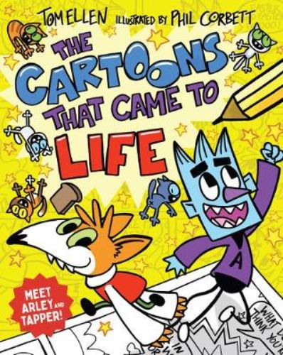Colorful cover of 'The Cartoons that Came to Life' featuring Finn and his cartoon heroes Arley and Tapper in an imaginative scene.